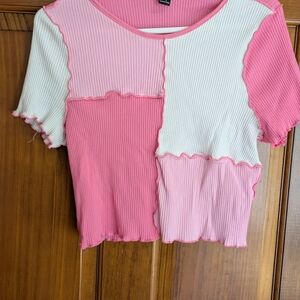 SHEIN Pink and White Patchwork Crop Top
